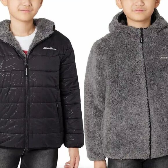 NWT Eddie Bauer Youth Boys Reversible Hooded Puffer Fleece Black Gray Jacket S